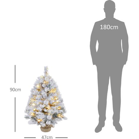 Sapin de Noël 92 cm, guirlande lumineuse LED, branches enneigées, pommes de pin, ignifugé, socle en béton (1/5)