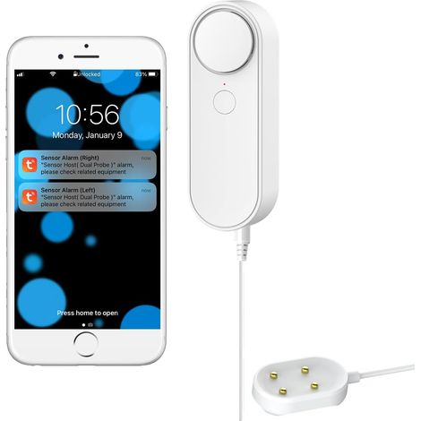 Rilevatore di perdite d'acqua WiFi multifunzionale, cavo di rilevamento perdite/gocciolamenti diviso da 6,5 piedi, doppia interfaccia, estensibile, allarme di rilevamento perdite intelligente, aliment
