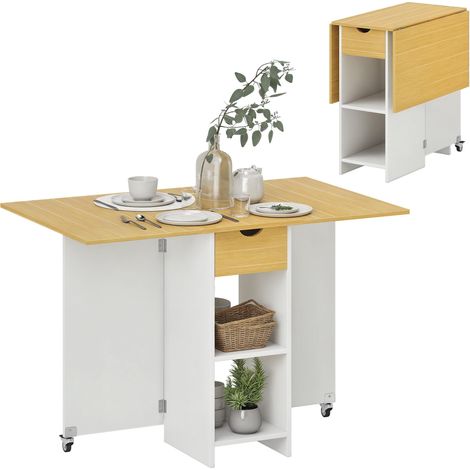 Table de salle à manger pliante pour 2 à 4 personnes avec 2 abattants, tiroir et étagères, chêne
