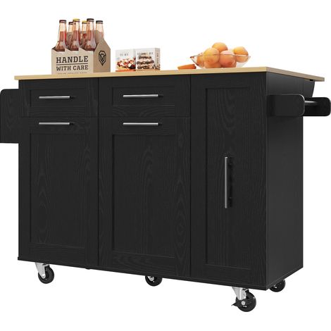 Carrello da cucina con piano ribaltabile, vani contenitore e ruote bloccabili, MDF nero, 110 x 46 x 90,5 cm (1/5)