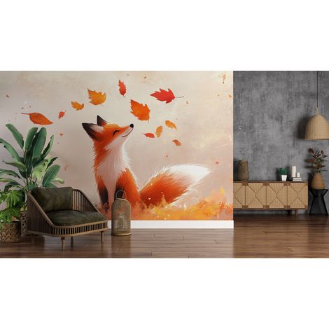 Papier peint animaux renard roux sous les feuilles dautomne - 400 x 260 cm (1/2)