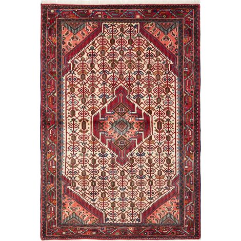 Tapis d'orient, 103 x 152 cm, motif oriental, rouge, crème et bleu, pure laine, noué à la main en Iran (1/5)