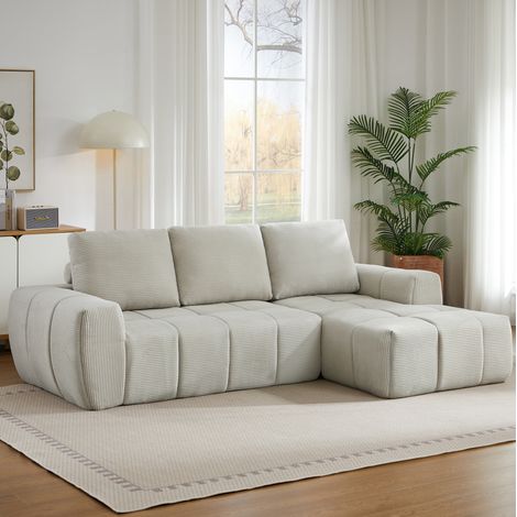 FloraGrace Canape d angle modulable en corduroy beige, assise tuftee, mousse et ressorts ensaches, 2 colis (1/5)