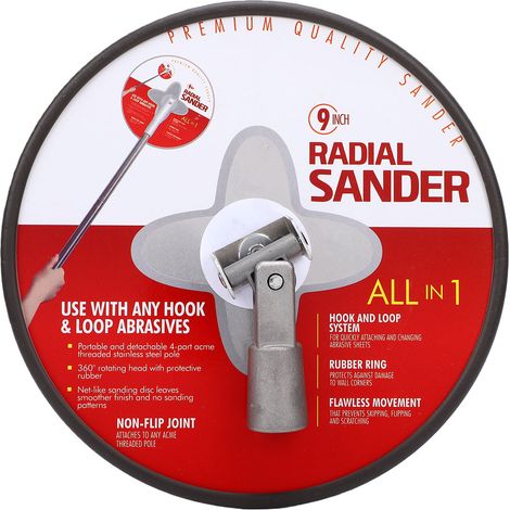 23 cm langer Griffschleifer für Trockenbauanstriche, rote Radial-Rundscheibe mit Aluminiumverbinder. (1/5)