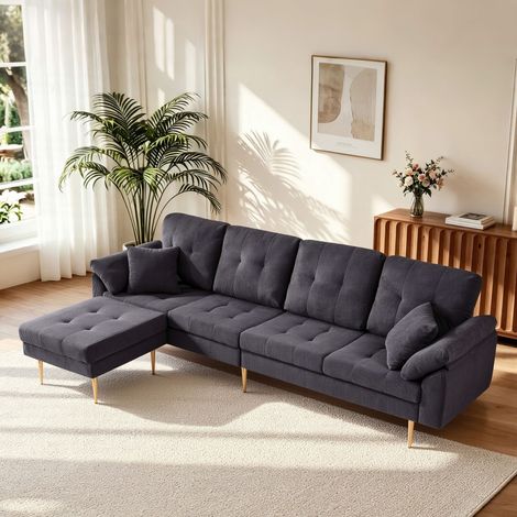 Canapé Modulable 4 Places 250x70x87 cm avec Pouf Mobile, Configurable en L, Pieds Hauts 20 cm en Métal, Velours Côtelé Gris Foncé (1/5)