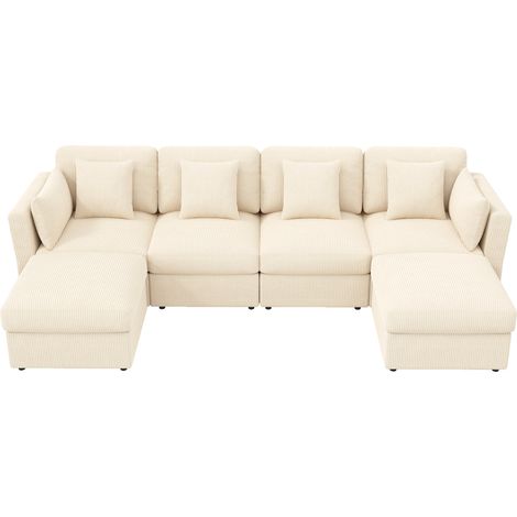 Divano angolare modulare U in velluto a coste beige con braccioli regolabili e pouf (1/5)