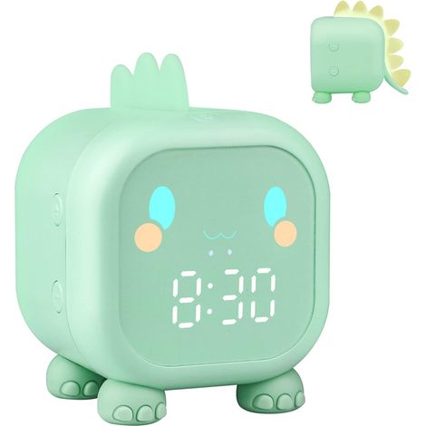 Kinderwecker, Dinosaurier-LED-Digitaluhr mit Nachtlicht, Schlummeralarm, einstellbare Lautstärke, wiederaufladbar über USB, Tag/Nacht, für Kinder, Mädchen und Jungen (grün) (1/5)