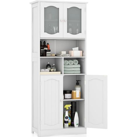 Costway – Armoire murale de salle de bain 30 x 60 x 148,5 cm – 4 portes en verre trempé – 3 compartiments ouverts – MDF blanc imperméable (1/5)