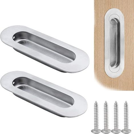 Sliding Door Handles, Recessed Handles Brushed Stainless Steel Sliding Door Handle Recessed Oval Pull Handle with Screws (Silver 2 Pcs) (1/5)
