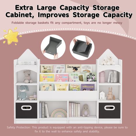 Étagère à livres pour enfants, meuble de rangement multi-étagères pour chambre d'enfant, armoire de jeu avec 2 bacs pliants, blanc, 130x30x90 cm (1/5)