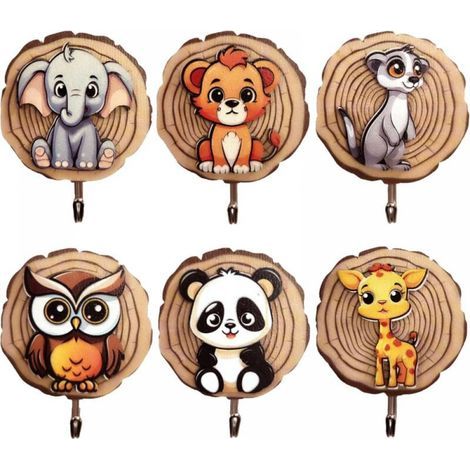 6Pcs Animal Shape Kids Wooden Self Adhesive Wall Hooks No Drilling Hooks for Children Room Decorative Gift (1/5)