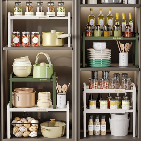 Étagère de rangement de cuisine de table en plastique blanc à double niveau, télescopique, pour cuisinière et évier, référence 8512 2 (1/5)