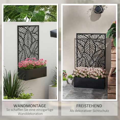 Paravent mural extérieur avec jardinières fleuries, séparation en métal noir pour terrasse