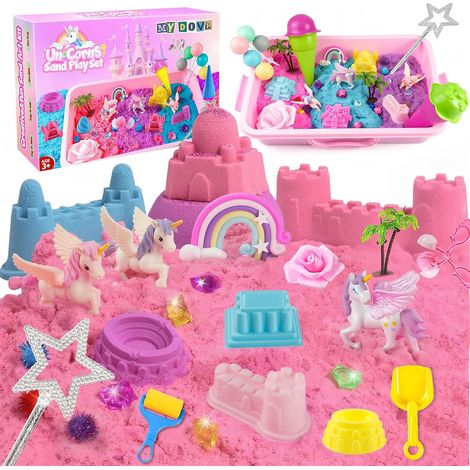 Licorne Princesse Sensory Bin, Kit de Sable de Jeu pour Filles avec 1,1 kg de Sable à Modeler Arc-en-Ciel, modèles de crème glacée et château, Outils de Construction, Jouets éducatifs, Cadeaux (1/5)