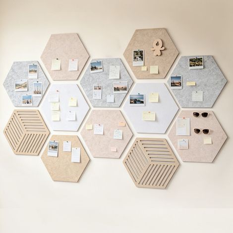 Tableau Hexagone en liège - Lot de 12 Panneau d'affichage Mural 30 x 26 x 0,9 cm Adhésif avec 50x punaises - Décoration Photo Note Bureau Cuisine