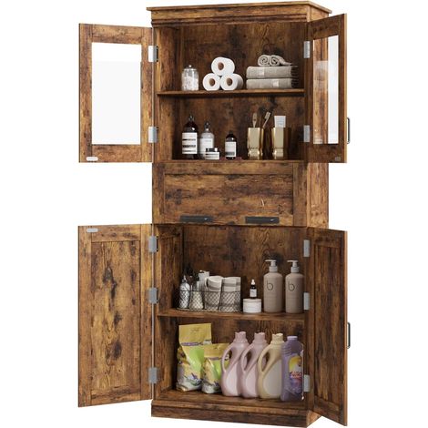 Colonne Salle de Bain avec 4 Portes et 1 Tiroir, Armoire Salle de Bain, Étagères Réglables, 60x30x170 cm, marron (1/5)