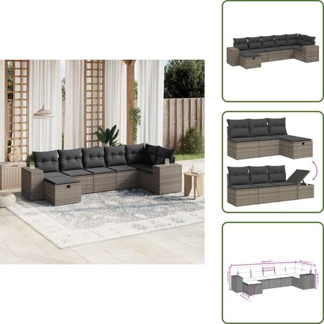 The Living Store 7-tlg. Garten-Sofagarnitur mit Kissen Grau Poly Rattan - Gartensessel