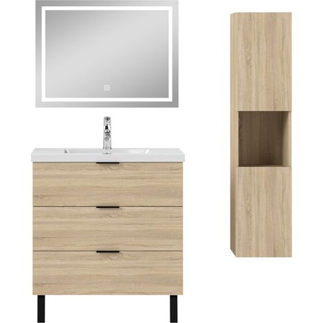 OCEAN Meuble Salle de Bain Chêne Mat, 79x46x85cm - 3 Tiroirs et Vasque, MDF, LED miroir et colonne (1/5)