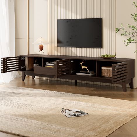 Mueble TV 170x35x40cm 3 puertas 1 cajón lamas vintage tablero de partículas acabado madera color natural (1/5)