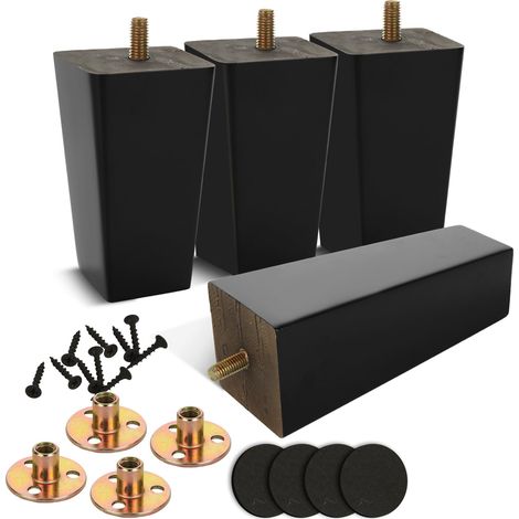 4 Pièces Pied de Meuble Bois Noir 15 cm M8  Pied de Canapé et Pieds de Meuble Bois pour Lit, Armoire, Plaques, Vis, Patins et Projets DIY Maison (1/5)