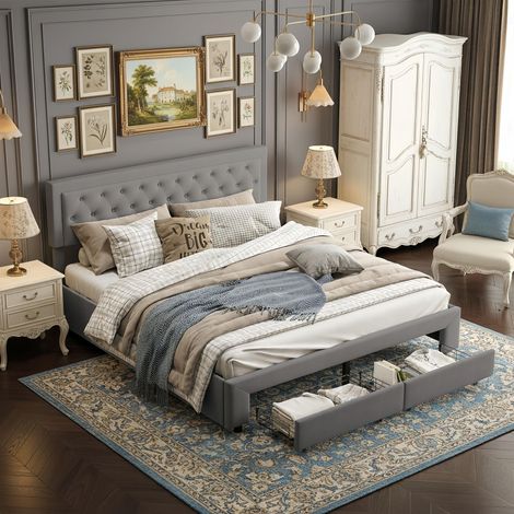 Letto 180x200 cm, letto con testiera imbottita e vano portaoggetti, sistema di sollevamento idraulico, con 2 cassetti ai piedi del letto, velluto, rete a doghe - Grigio