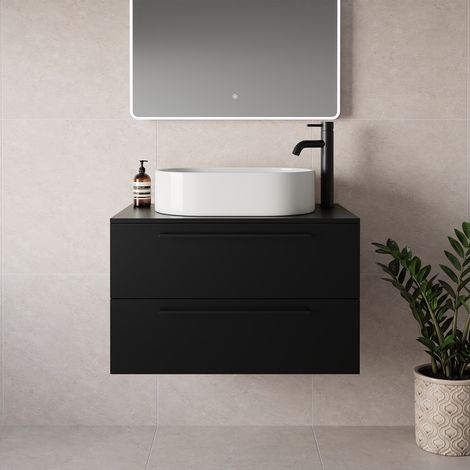 Napoli 460 Matt Black 800mm Wall Mounted 2 Drawer Vanity Unit for Countertop Basins - 800mm - Matt Black 480mm Handle