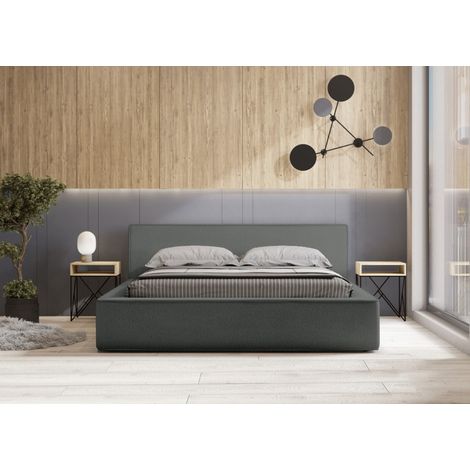 Lit coffre VELORA – Schiefer Bouclé – 140x200 cm – Weicher Samtstoff – Mit Hublattenrost – Integrierter Stauraum