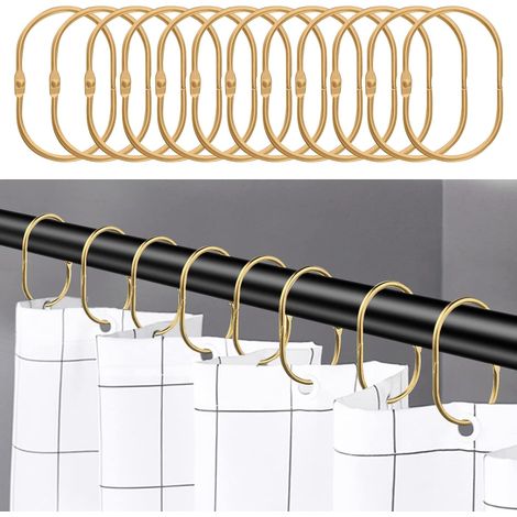 Lot de 12 anneaux de rideau de douche dorés, crochets de salle de bain en acier inoxydable, anneaux de rideau de douche ovales décoratifs et crochets pour tringle de douche. (1/5)