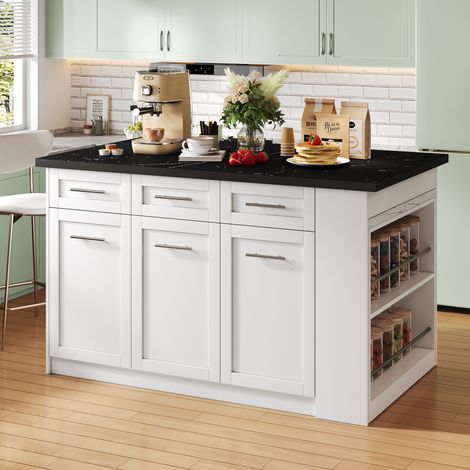 Îlot de cuisine 150x90x90 cm avec table coulissante 80x96 cm, 6 tiroirs, rangements réglables, plan effet marbre noir, table effet marbre blanc (1/5)