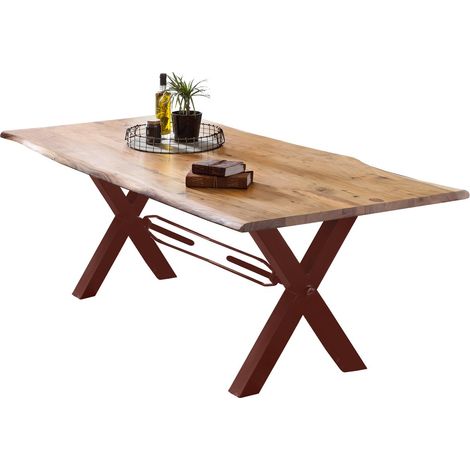 Table de salle à manger en acacia massif avec bord naturel et piétement en X marron 220 x 100 cm - PANGIVO (1/4)