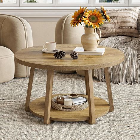 Tribesigns – Table basse ronde 80 cm avec rangement – 2 niveaux – pieds en bois – assemblage rapide – pour salon et petits espaces – chêne