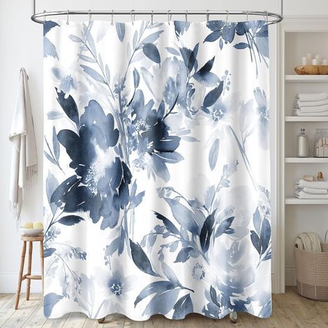 Rideau de douche extra-long de 72 x 84 pouces à motif floral aquarelle, design abstrait moderne bleu marine, avec crochets – compatible avec les tringles à rideaux de douche standard. (1/5)