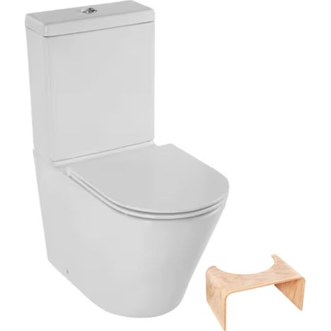 JACOB DELAFON WC de pie Rodin sin reborde + desagüe vario con tapa + taburete fisiológico de madera