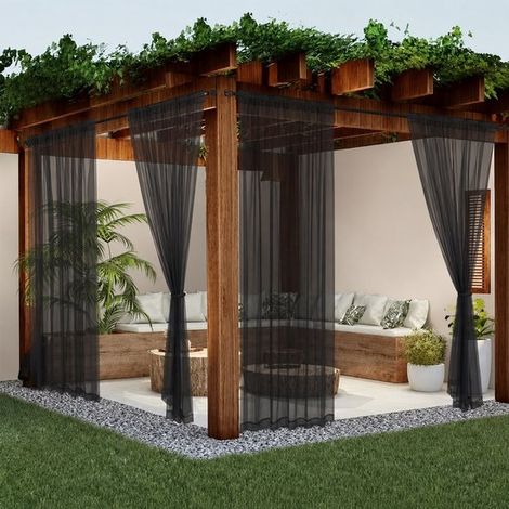 Lot de 4 rideaux d'extérieur noirs – 160x250 cm – Transparents – Protection solaire – Pergola et terrasse (1/5)