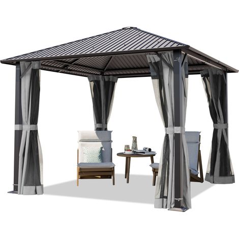 TOOLPORT Gartenpavillon 3x3 m mit Stahldach - Hardtop Pavillon mit 4 Seitenteilen und Moskitonetzen in Grau