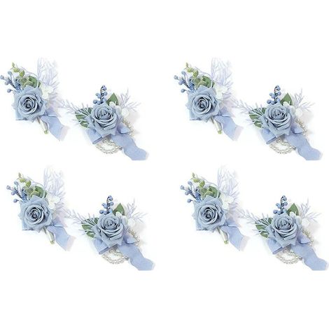 Conjunto de 8 piezas de ramilletes y prendedores en azul empolvado, pulseras de ramilletes de flores artificiales para baile de graduación.