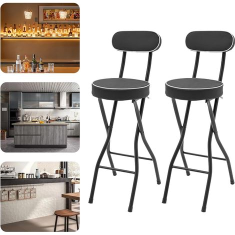 Klappbar Barhocker 2er Set Klappbarer Stehhocker Barhocker mit Lehne, 65cm hoch, Hochstuhl Klappbar Stehhilfe, Bar Hocker für Bar und Tresen, Tragkraft 125KG Schwarz