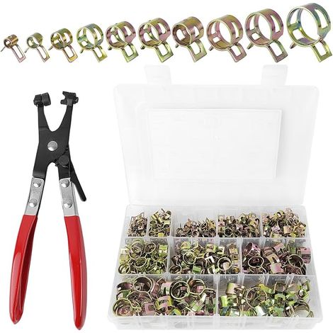 300 Pièces Assortiment de Colliers de Serrage Ensemble, Avec Pince a Collier Durite, 10 Tailles 5-18 mm Colliers Serrage, pour Tuyau, Carburant, Silicone, Collier de Serrage Tuyau à Vide (Rouge) (1/5)