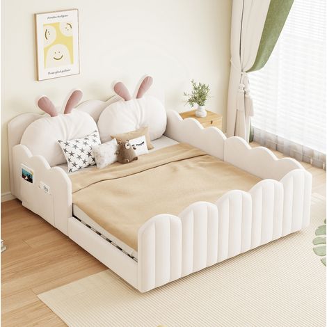 Letto per bambini 140x200 cm in MDF beige con sponde, salvaspazio, senza materasso – MEUBLIV (1/5)