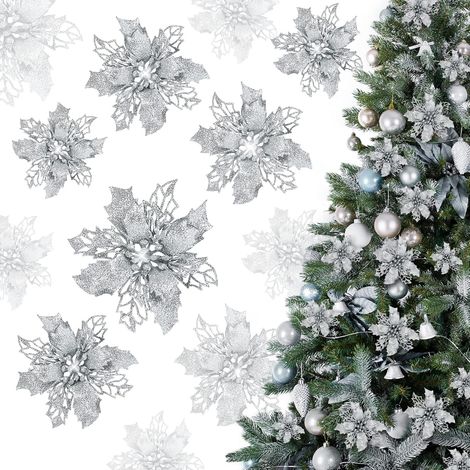 21 fleurs de Noël, décorations pour sapin de Noël, fleurs artificielles à paillettes argentées, ornements de fleurs de -16 cm (1/5)
