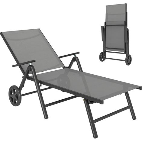 Bain de soleil pliable et inclinable gris, réglable 5 positions avec roulettes, en métal et textilène, 72 x 158 x 84 cm (1/5)