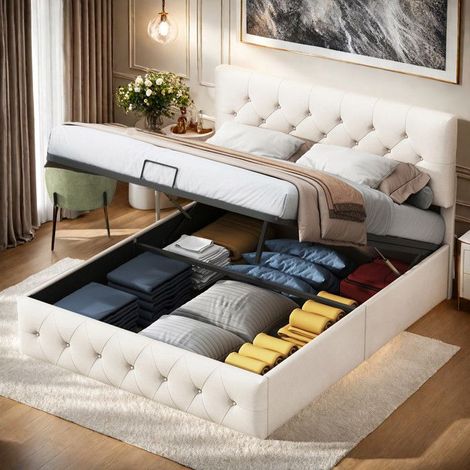Doppelbett 140x200 cm, Bettgestell 140x200 cm, Bett mit Stauraum 140x200 cm, hydraulisch, Lattenrost inklusive, Samt, Bett 140x200 cm, beige (1/5)