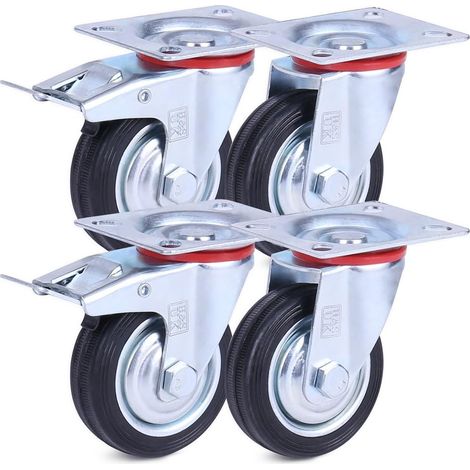 Roulettes pivotantes robustes H&S 4, 75 mm, en caoutchouc, avec freins, noires - Roulettes d'extérieur - Roulettes pour lit - Roulettes verrouillables - Roulettes pour usage extérieur (1/5)