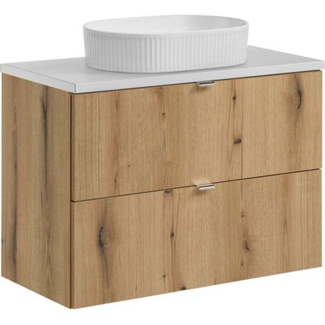 Set VANO effetto rovere e bianco 80cm: mobile sotto lavabo con cassetti + piano per lavabo + lavabo da appoggio bianco scanalato