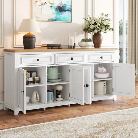 Aparador sideboard (160x35x76 cm), con 3 cajones y 4 puertas, almacenaje flexible, MDF blanco (1/5)