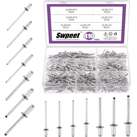 Kit de 410 rivets aveugles en aluminium de 6,35 mm, 5/16", 3/8", 1/2", rivets pop argentés à extrémité ouverte pour une utilisation en intérieur et en extérieur (1/5)