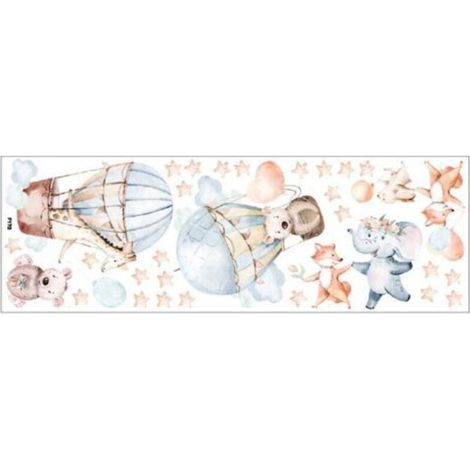 Dekorativer Wandaufkleber für Kinder, Heißluftballon mit Comic-Tieren, beschädigt die Wand nicht, wiederverwendbar, kratz- und wasserfest, abnehmbar, 90 x 30 cm, mehrfarbig (1/5)