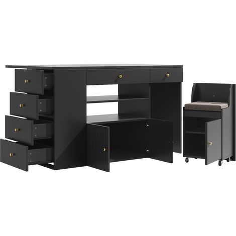 Îlot de cuisine, buffet avec tabourets de bar, meuble de cuisine avec 6 tiroirs et tabourets, largeur réglable 14040(70)89 cm, blanc/noir (1/5)