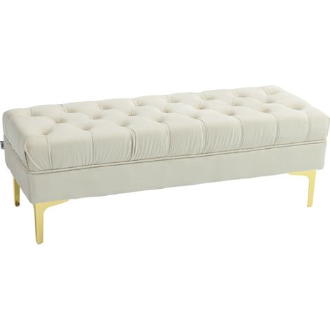 Banc banquette capitonnée bout de lit style classique chic dim. 118L x 45l x 42H cm piètement métal doré velours beige