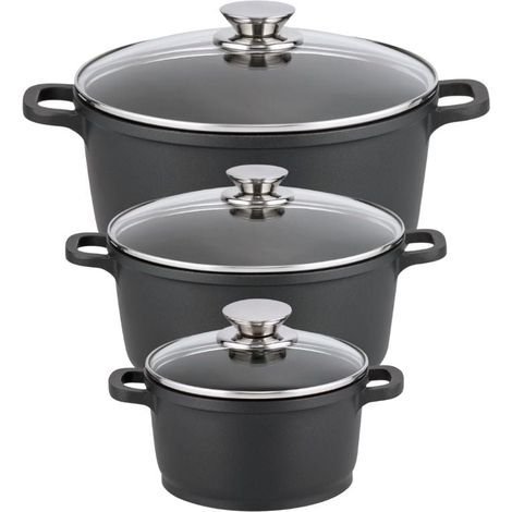 Set de 3 faitouts 16 cm 20 cm et 24 cm sans PFAS avec couvercles en verre Elo Alucast (1/5)